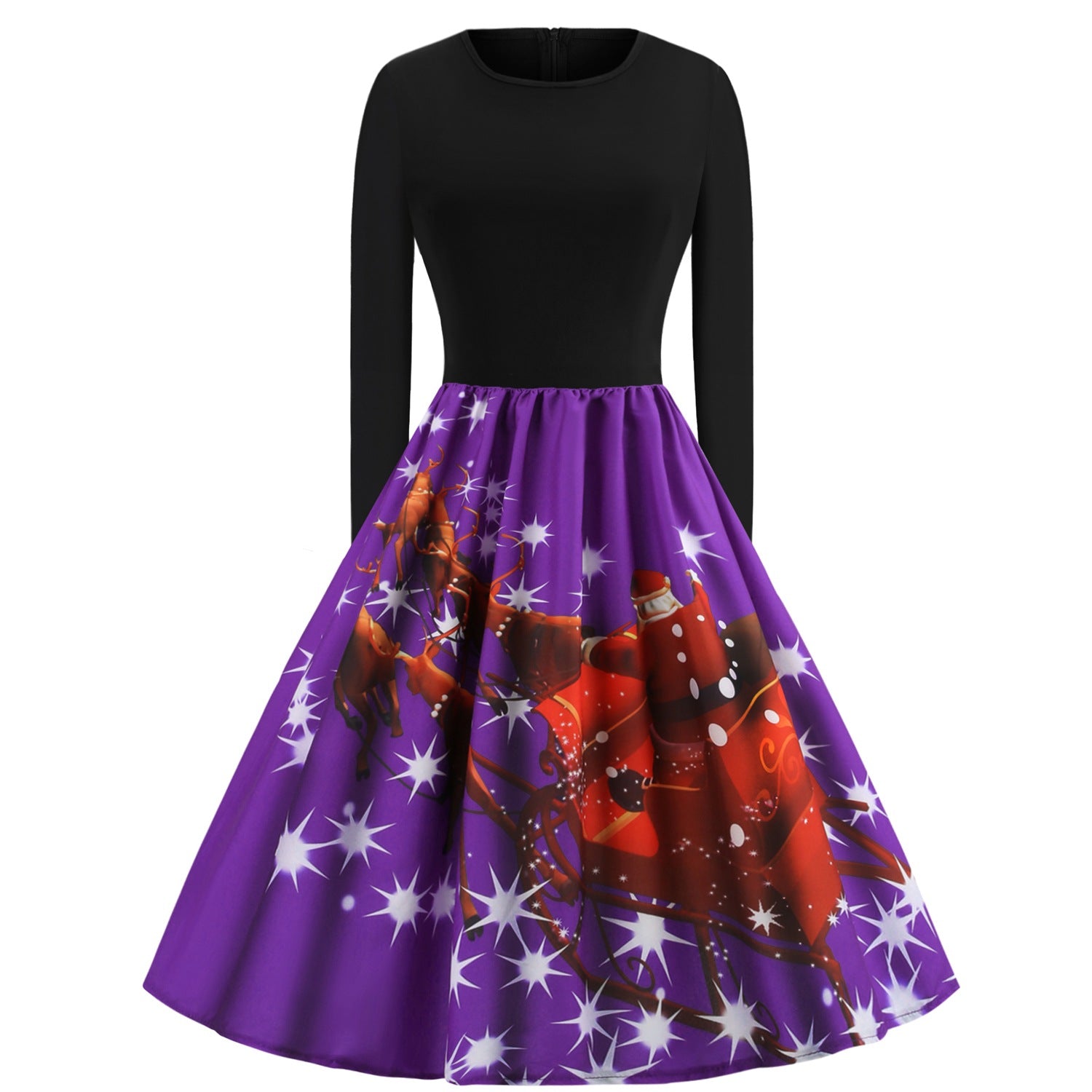 Merry Christmas Sled Round Neck Long Sleeves Women Dresses-Vintage Dresses-Purple-S-Free Shipping at meselling99