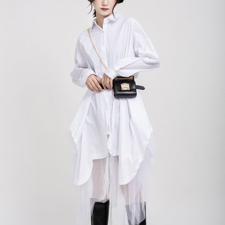 Women Turnover Collar Irregular Net Fall Shirt Dresses-White-One Size-Free Shipping at meselling99