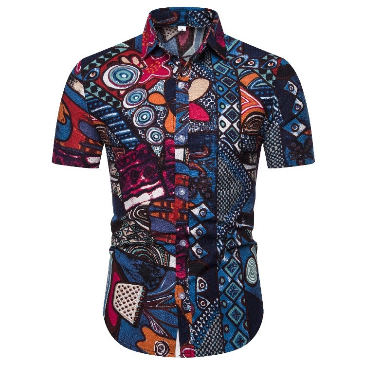 Ethnic Print Men's Summer Beach Short Sleeves Shirts-Shirts & Tops-CS4-M-Free Shipping at meselling99