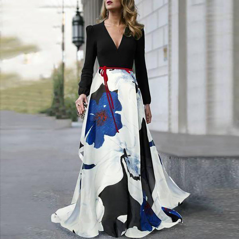 Plus Sizes V Neck Long Sleeves Dresses with Belt-Maxi Dresses-Free Shipping at meselling99