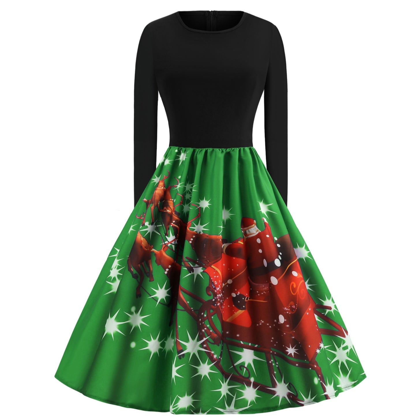 Merry Christmas Sled Round Neck Long Sleeves Women Dresses-Vintage Dresses-Green-S-Free Shipping at meselling99