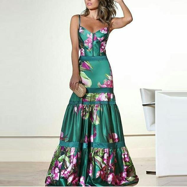 Sexy Summer Floral Print Long Dresses-Maxi Dreses-Green-S-Free Shipping at meselling99