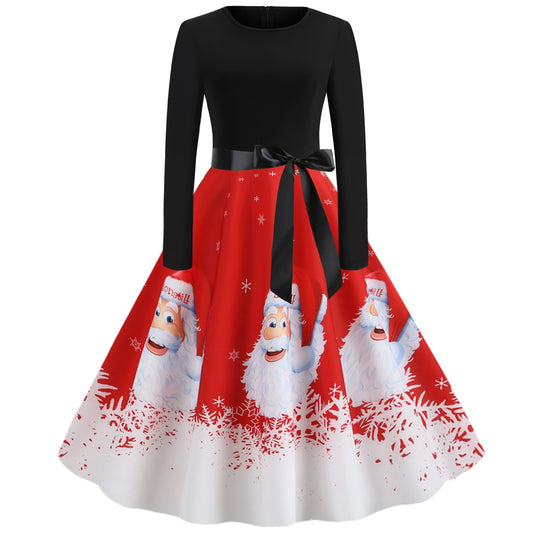 Vintage Merry Christmas Round Neck Long Sleeves Dresses-Red-S-Free Shipping at meselling99