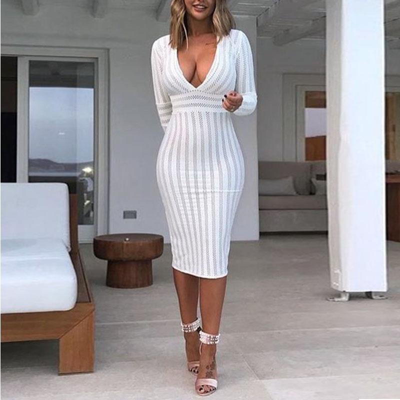 Sexy Long Sleeves V Neck Dresses-Sexy Dresses-White-S-Free Shipping at meselling99