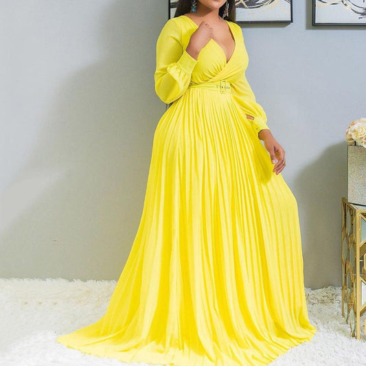 Women V Neck Plus Size Long Dresses-Maxi Dresses-Yellow-S-Free Shipping at meselling99