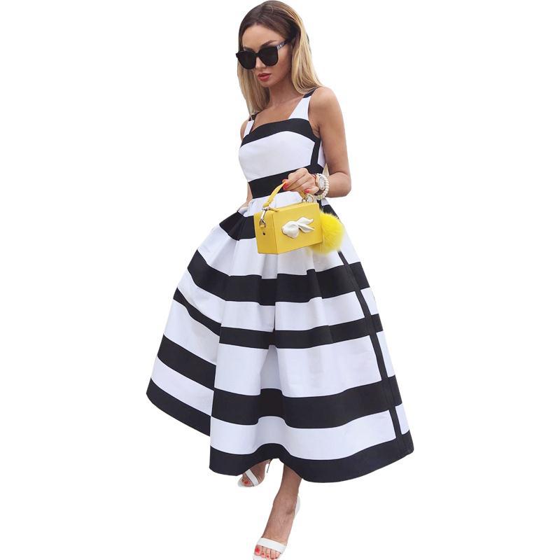 Summer Women Striped Strap Fashion Midi Dresses-Black-S-Free Shipping at meselling99