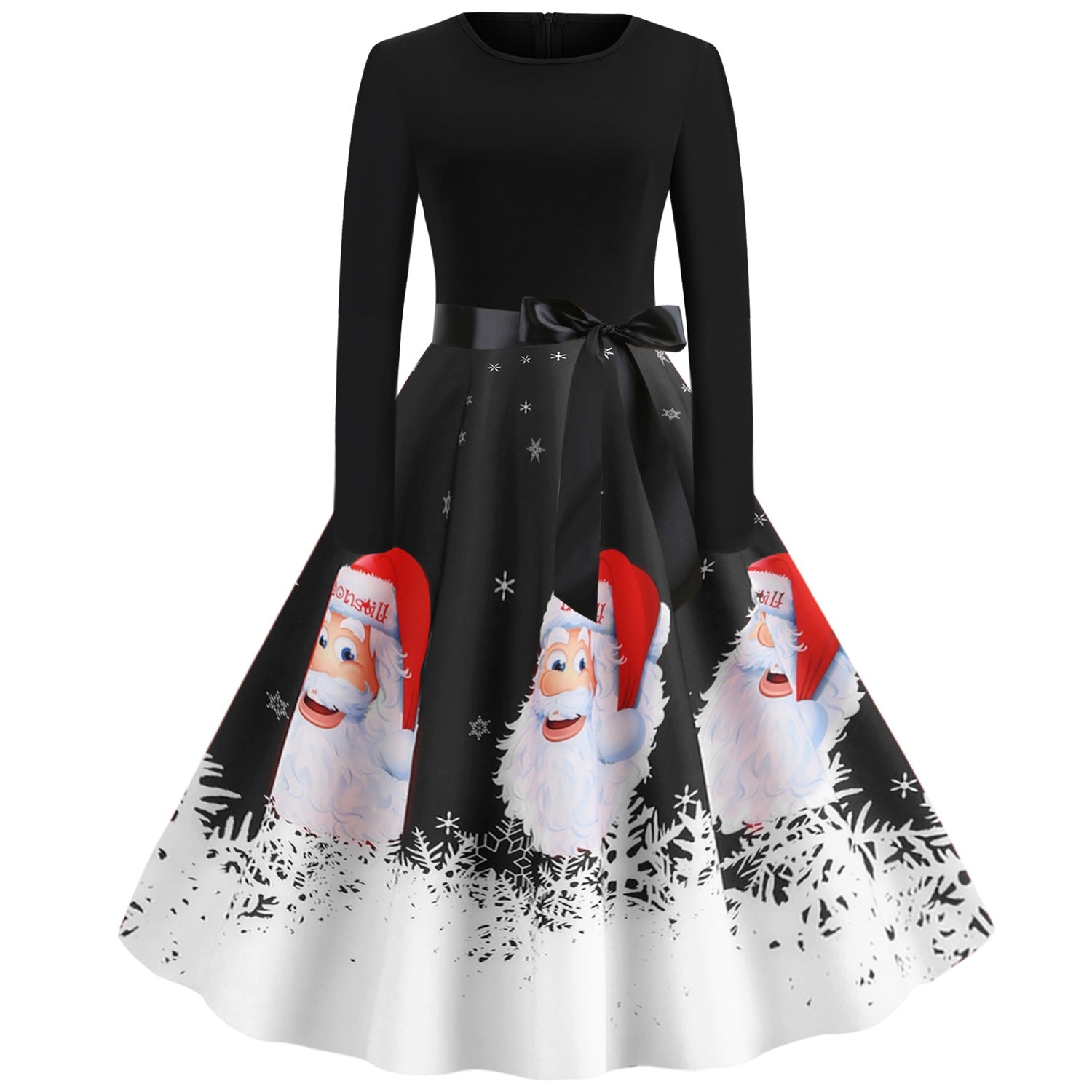 Vintage Merry Christmas Round Neck Long Sleeves Dresses-Black-S-Free Shipping at meselling99