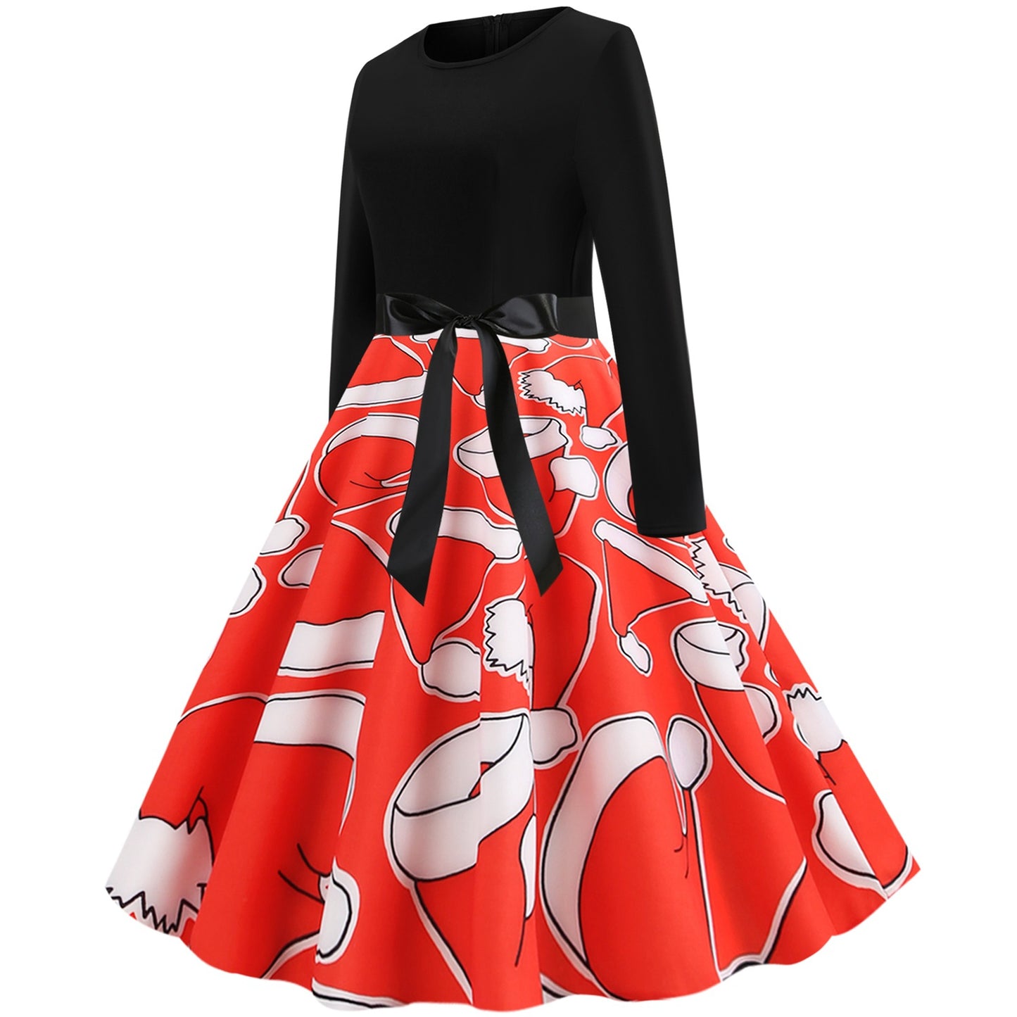Red Women Long Sleeves Christmas Hat Print Winter Dresses-Vintage Dresses-Free Shipping at meselling99