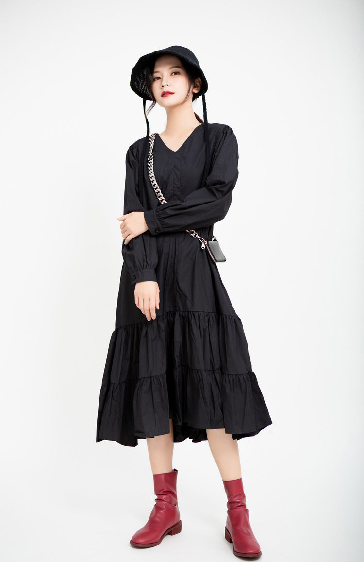 Drawstring Women Fall Midi Length Dresses-Black-One Size-Free Shipping at meselling99