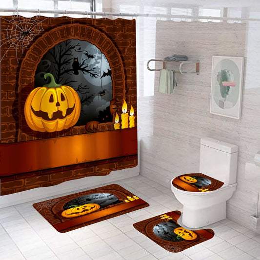 Pumpkin Halloween Shower Curtain Bathroom Rug Set Bath Mat Non-Slip Toilet Lid Cover-Shower Curtain-Free Shipping at meselling99