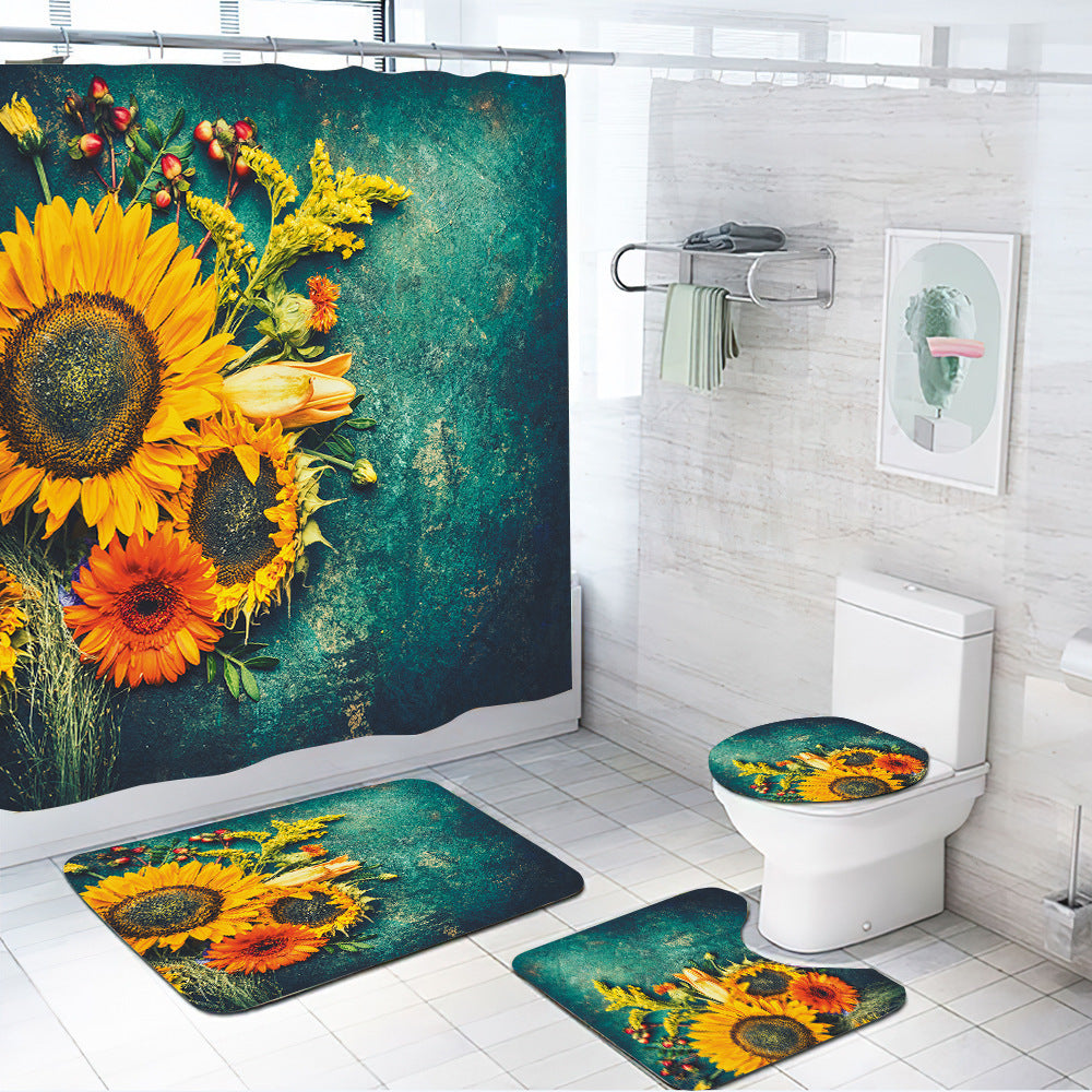 3D Sunflower Shower Curtain Set Bathroom Rug Bath Mat Non-Slip Toilet Lid Cover-Shower Curtains-F-Shower Curtain+3Pcs Mat-Free Shipping at meselling99