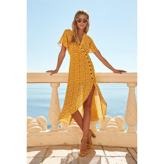 Yellow Summer Casual Short Sleeves Irregular Long Dresses-Maxi Dresses-Free Shipping at meselling99