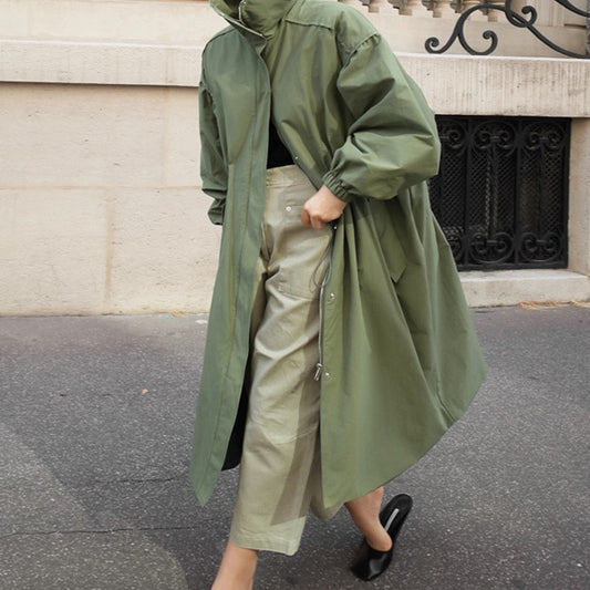 Women High Neck Fall Long Overcoat-Women Overcoat-Army Green-S-Free Shipping at meselling99