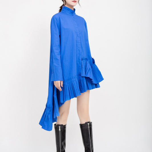 Blue Women Stand Collar Vintage Fall Shirt Dresses-Fall Dresses-Blue-One Size-Free Shipping at meselling99