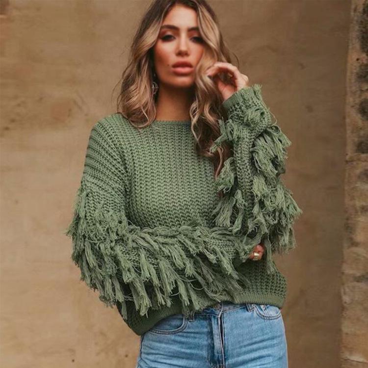 Women Winter Round Neck Tassel Loose Sweaters-Green-S-Free Shipping at meselling99