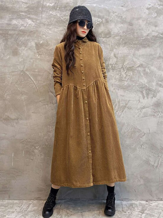 Meselling99 Vintage Solid Corduroy Lapel Dress-Maxi Dress-GINGER-Free Size-Free Shipping at meselling99