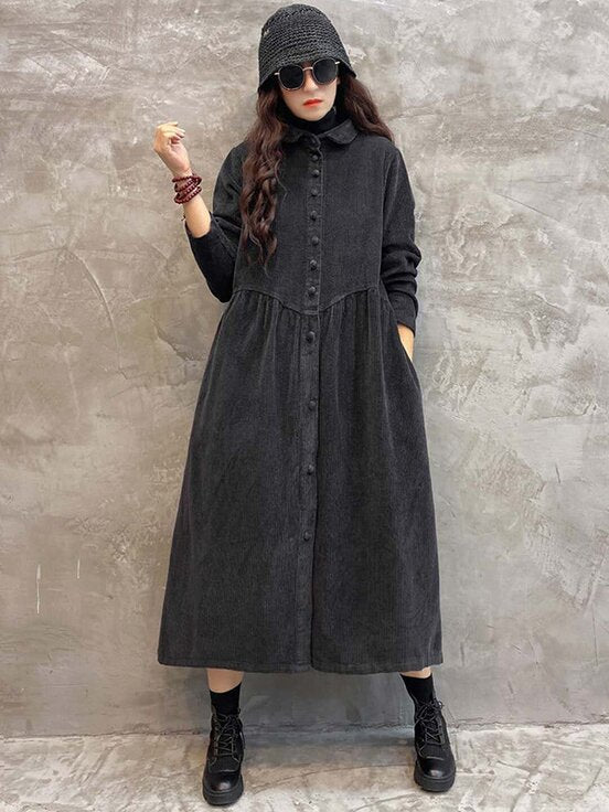 Meselling99 Vintage Solid Corduroy Lapel Dress-Maxi Dress-DARK GRAY-Free Size-Free Shipping at meselling99