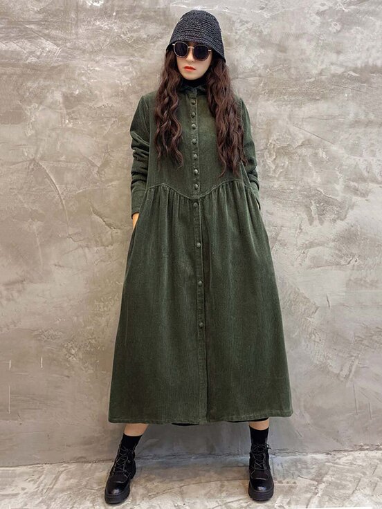 Meselling99 Vintage Solid Corduroy Lapel Dress-Maxi Dress-ARMY GREEN-Free Size-Free Shipping at meselling99