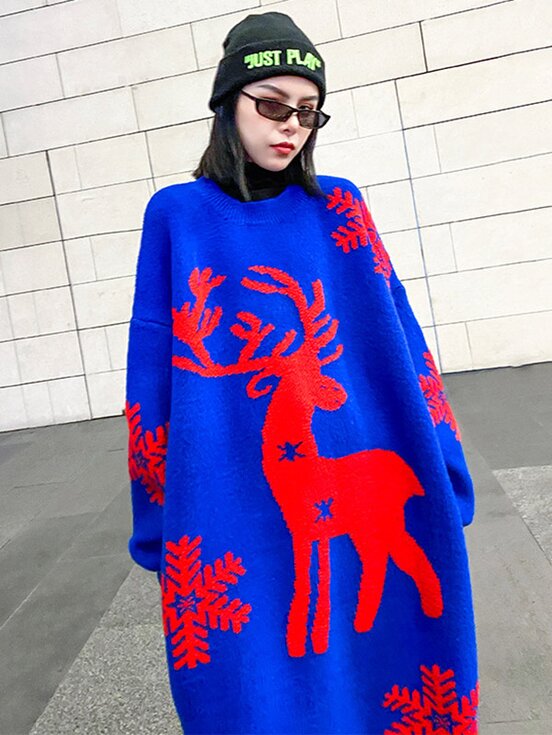 Meselling99 Christmas Elk Snowflake Round-Neck Sweater Dress-Maxi Dress-Free Shipping at meselling99