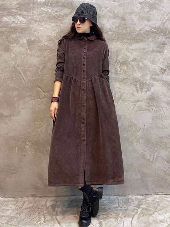 Meselling99 Vintage Solid Corduroy Lapel Dress-Maxi Dress-COFFEE-Free Size-Free Shipping at meselling99