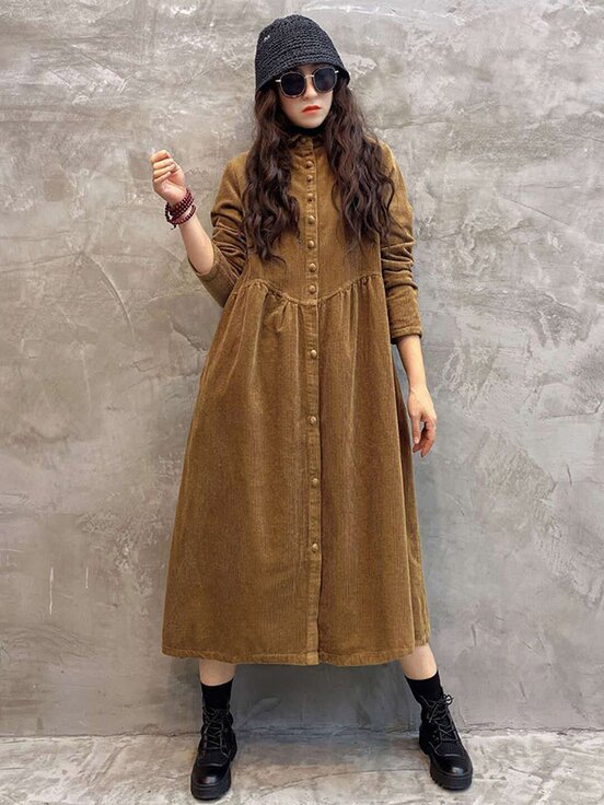 Meselling99 Vintage Solid Corduroy Lapel Dress-Maxi Dress-Free Shipping at meselling99