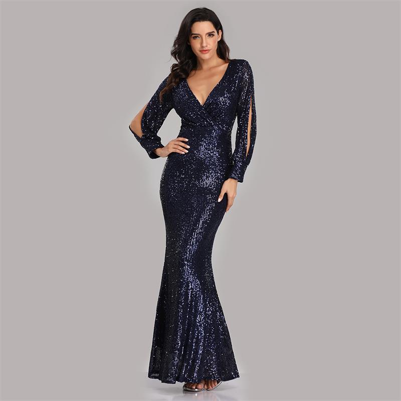 Sexy V Neck Sequined Mermaid Evening Dresses-Dresses-Navy Blue-S-Free Shipping at meselling99