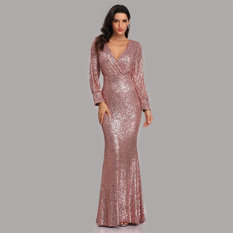 Sexy V Neck Sequined Mermaid Evening Dresses-Dresses-Pink-S-Free Shipping at meselling99