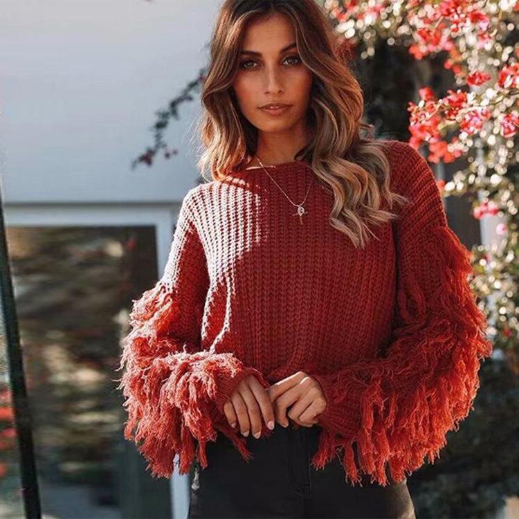 Women Winter Round Neck Tassel Loose Sweaters-Red-S-Free Shipping at meselling99