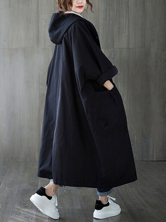 Meselling99 Long Solid Knee Length Hooded Trench Coats-Outwears-BLACK-FREE SIZE-Free Shipping at meselling99