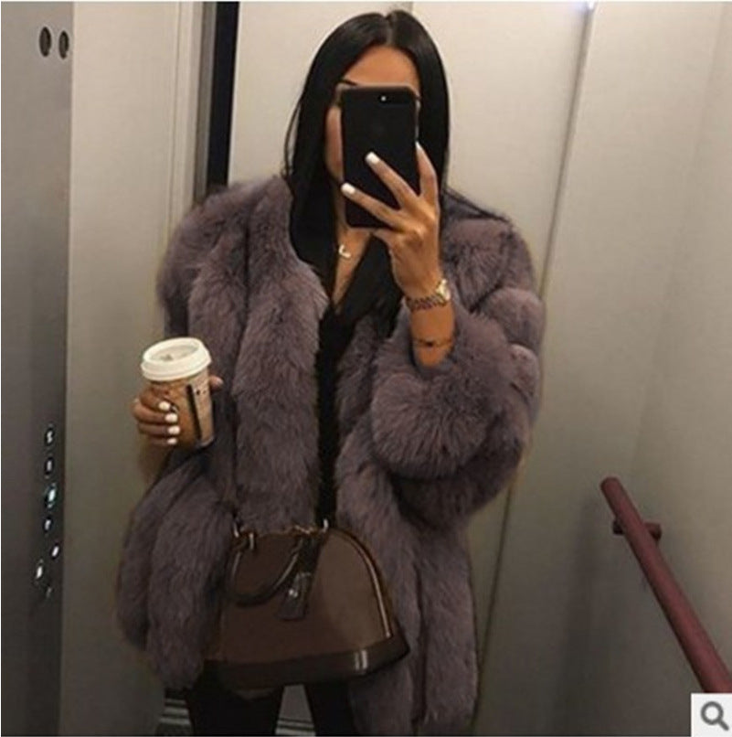 Artificial Fox Fur Women Winter Overcoat-Outerwear-Coffee-S-Free Shipping at meselling99