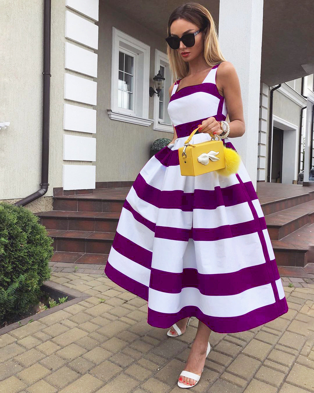 Summer Women Striped Strap Fashion Midi Dresses-Purple-S-Free Shipping at meselling99