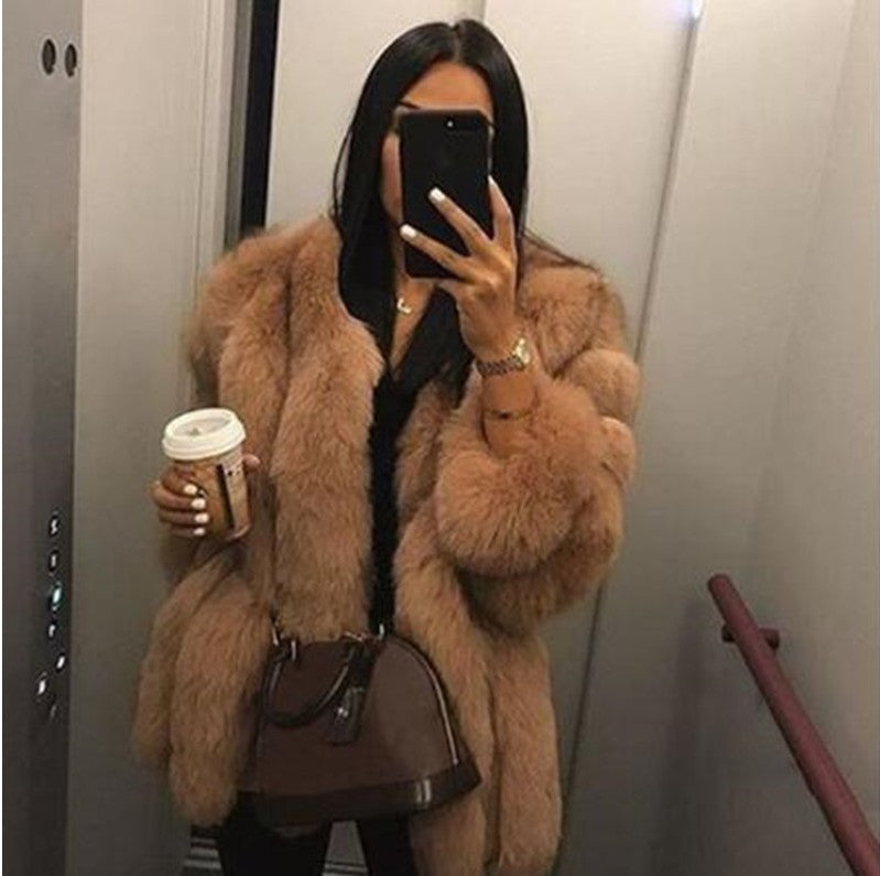Artificial Fox Fur Women Winter Overcoat-Outerwear-Camel-S-Free Shipping at meselling99