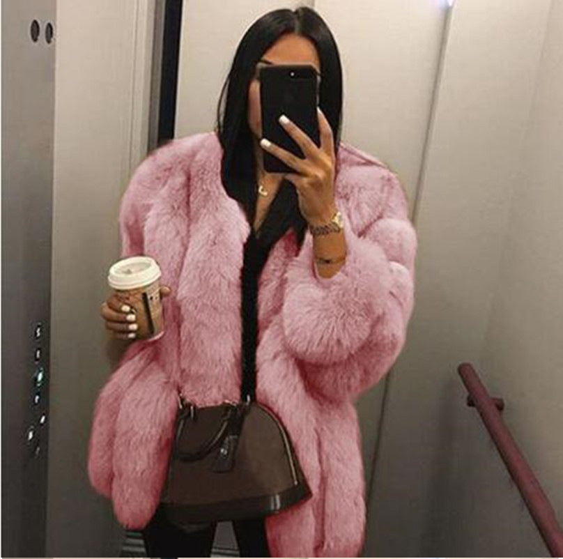 Artificial Fox Fur Women Winter Overcoat-Outerwear-Dark Pink-S-Free Shipping at meselling99