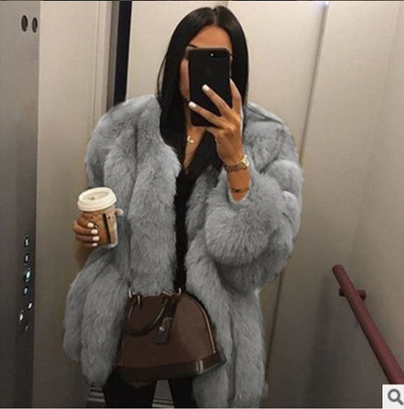 Artificial Fox Fur Women Winter Overcoat-Outerwear-Gray-S-Free Shipping at meselling99