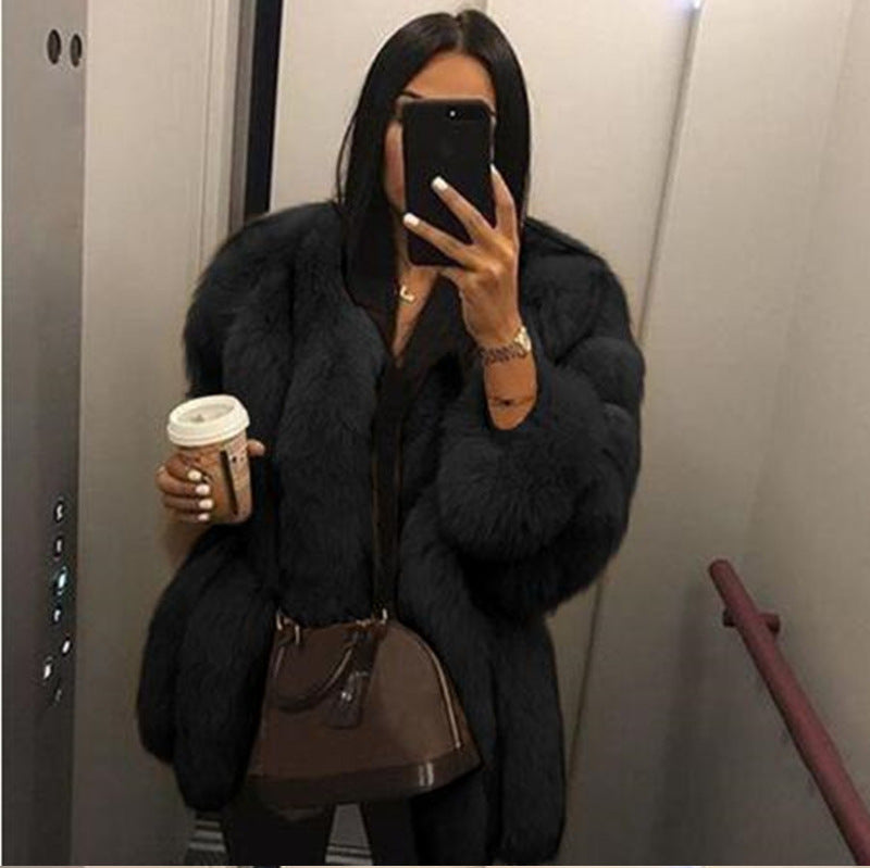 Artificial Fox Fur Women Winter Overcoat-Outerwear-Black-S-Free Shipping at meselling99