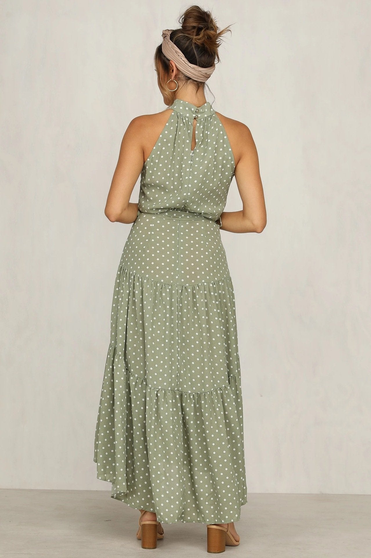 Summer Woemn Dot Print Sleeveless High Neck Ruffled Long Dresses--Free Shipping at meselling99