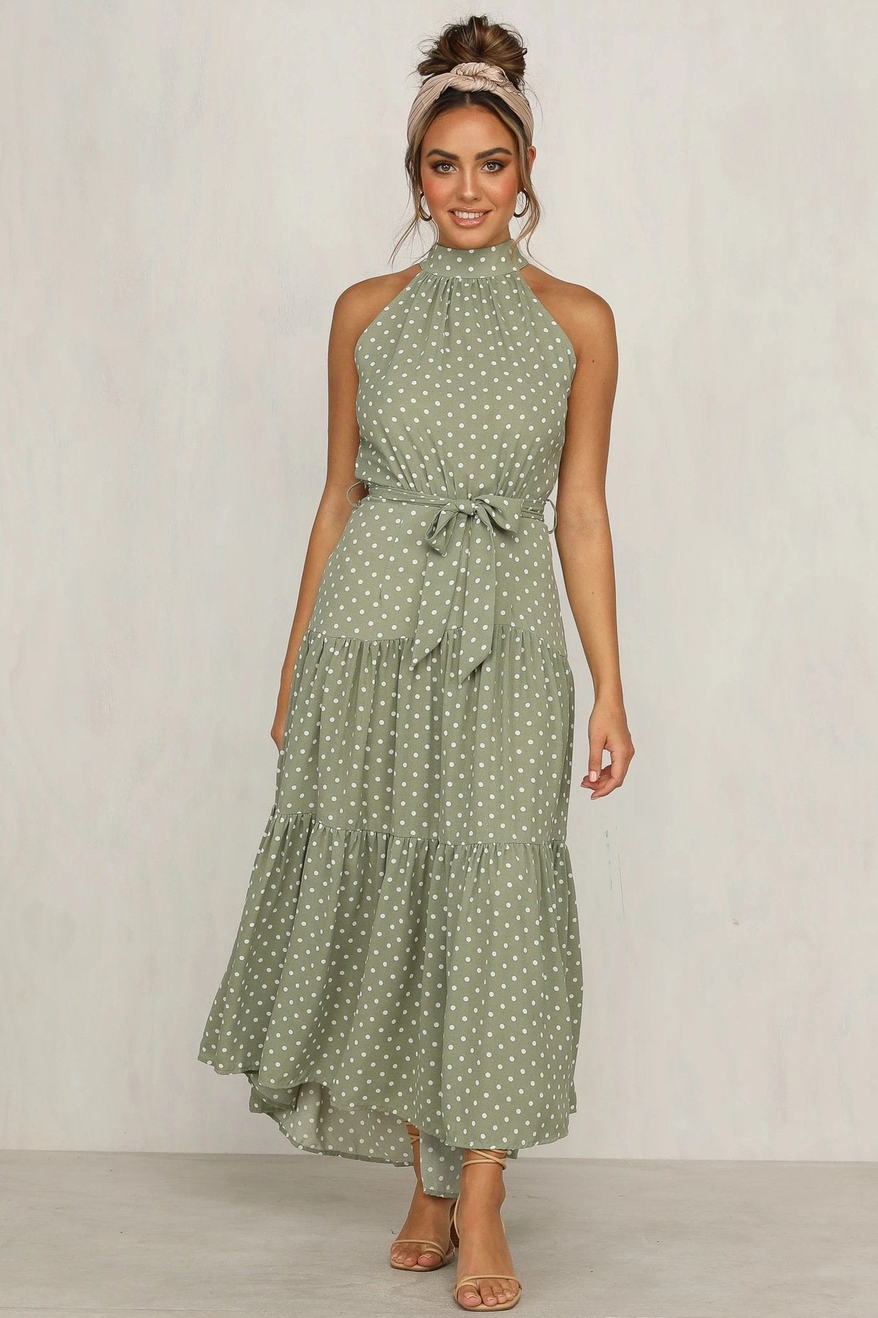 Summer Woemn Dot Print Sleeveless High Neck Ruffled Long Dresses-Green-S-Free Shipping at meselling99