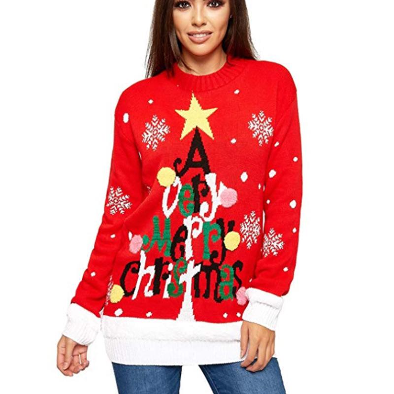 Casual Letter Print Christmas Pullover Knitted Sweaters-Shirts & Tops-Red-S-Free Shipping at meselling99