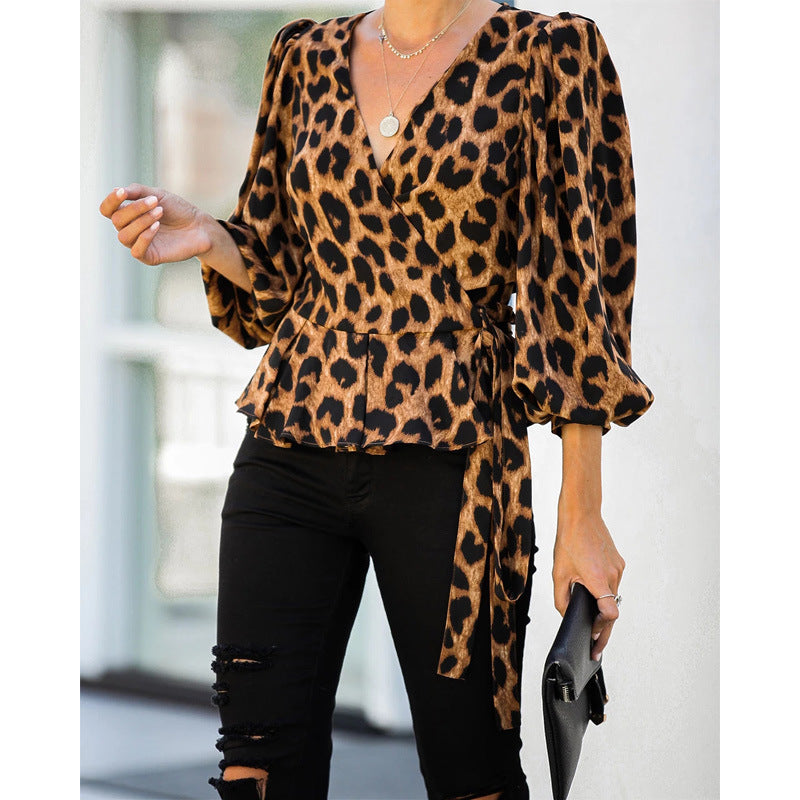 Women V Neck Long Sleeves Leopard Blouses-Shirts&Blouses-Free Shipping at meselling99