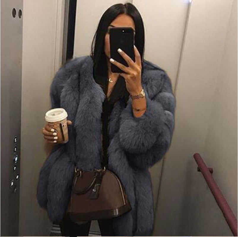Artificial Fox Fur Women Winter Overcoat-Outerwear-Dark Gray-S-Free Shipping at meselling99
