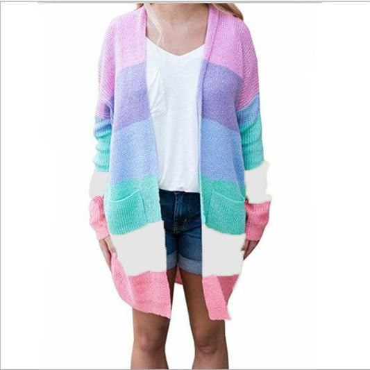 Women Rainbow Color Knitted Cardigan Sweaters-Shirts & Tops-Free Shipping at meselling99