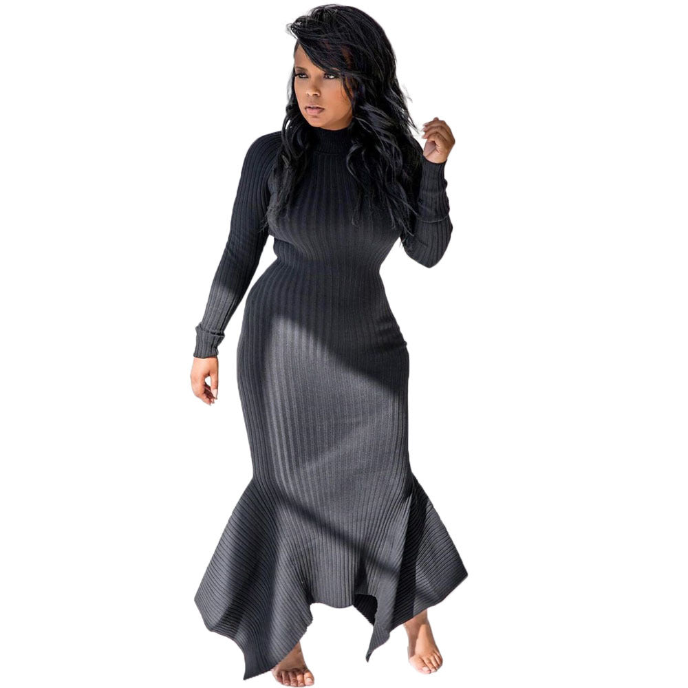 Sexy High Neck Long Knitted Dresses-Dresses-Black-S-Free Shipping at meselling99