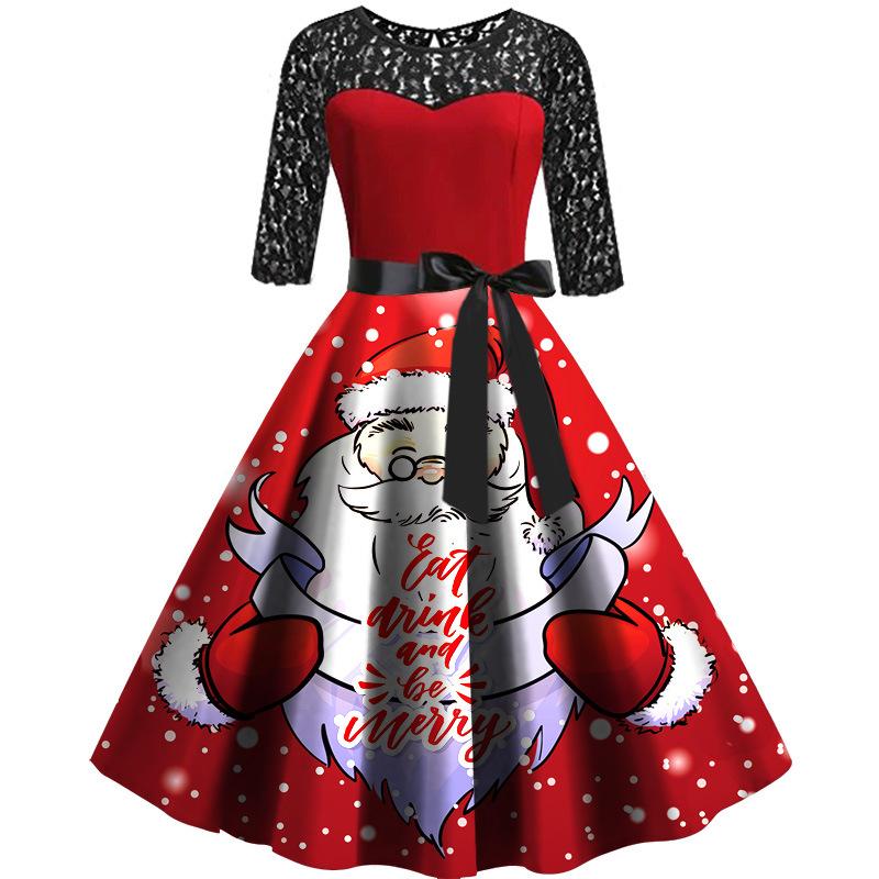 Christmas Santa Claus Print Lace Dresses-Dresses-Free Shipping at meselling99