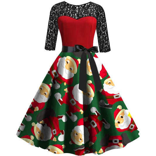 Women Green Half Sleeves Merry Christmas Dresses-Dresses-Free Shipping at meselling99