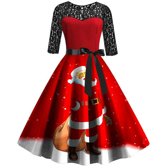 Red Long Sleeves Constract Lace Christmas Dresses-Dresses-Free Shipping at meselling99
