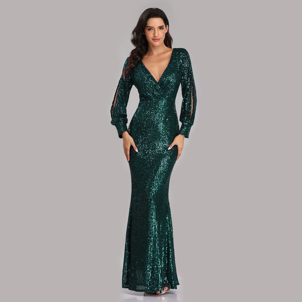 Sexy V Neck Sequined Mermaid Evening Dresses-Dresses-Dark Green-S-Free Shipping at meselling99