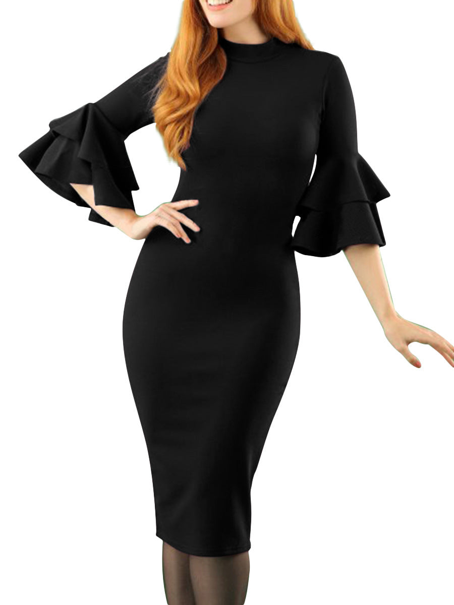 Sexy Bodycon Ruffled Plus Size Midi Dresses-Sexy Dresses-Black-S-Free Shipping at meselling99