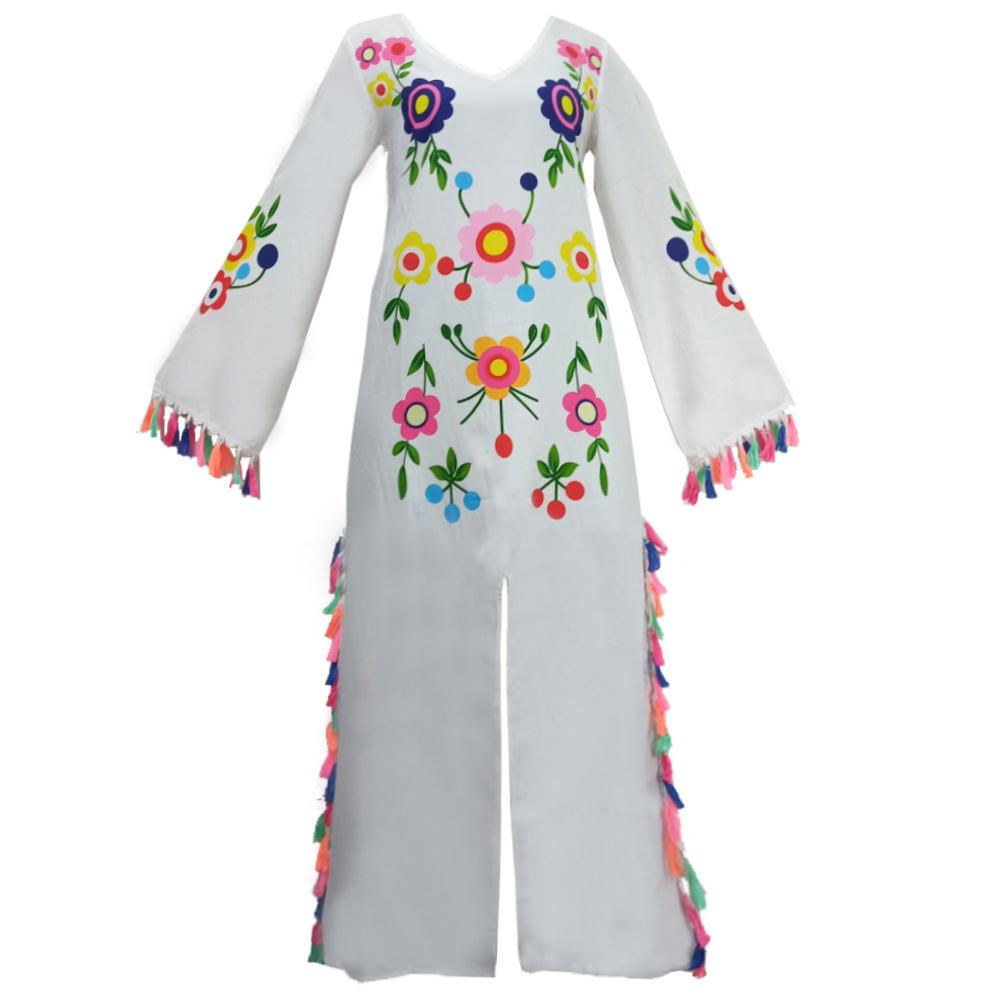 White Floral Print Split Front Boho Long Dresses-Dresses-Free Shipping at meselling99