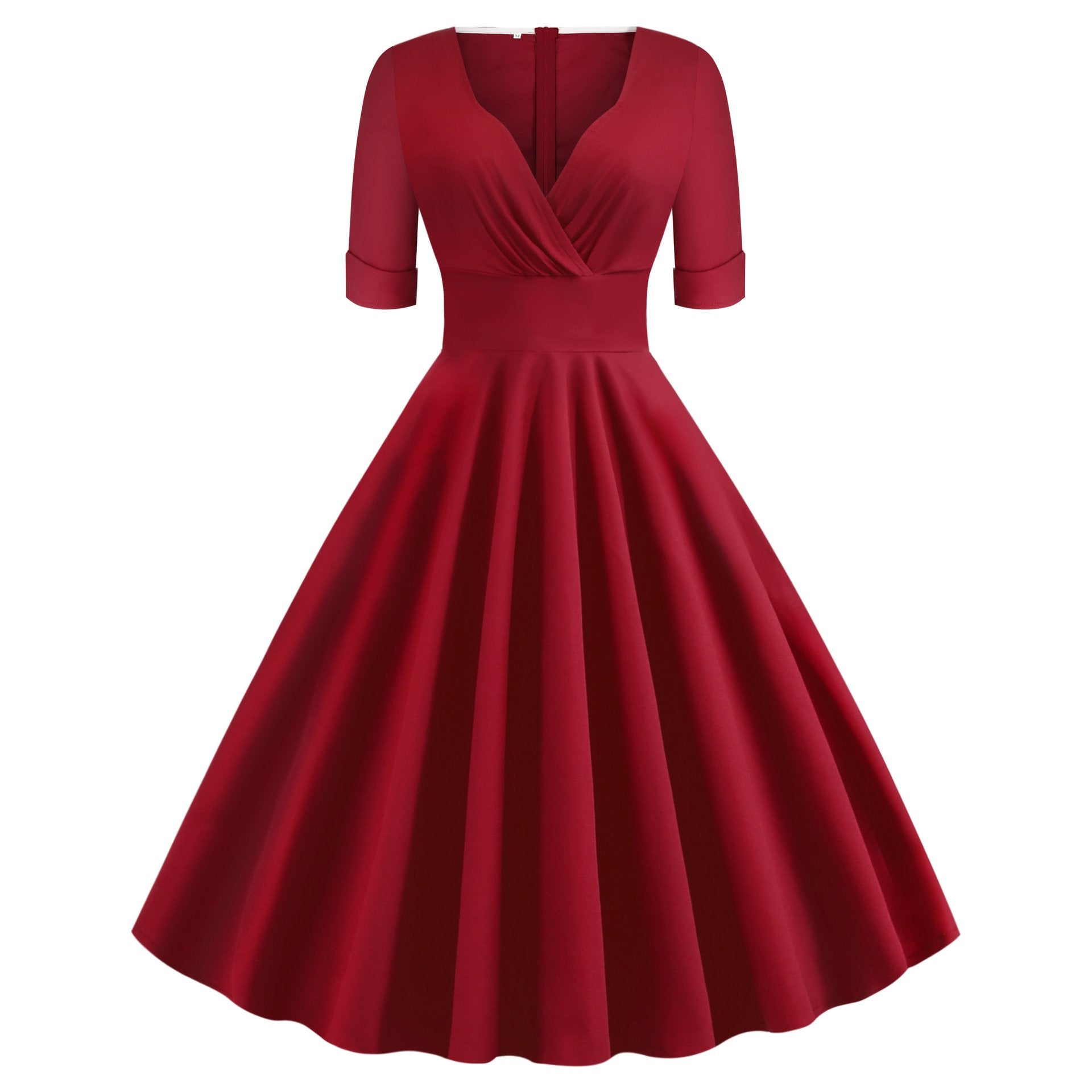 Vintage Short Sleeves V Neck Ball Dresses-Vintage Dresses-Red-S-Free Shipping at meselling99