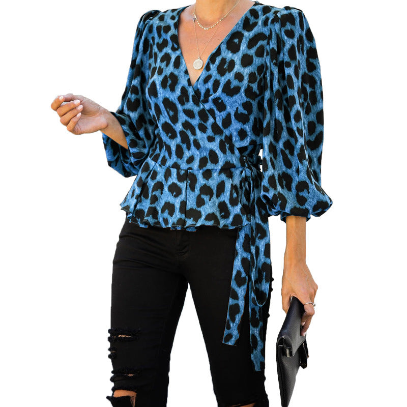 Women V Neck Long Sleeves Leopard Blouses-Shirts&Blouses-Blue-S-Free Shipping at meselling99